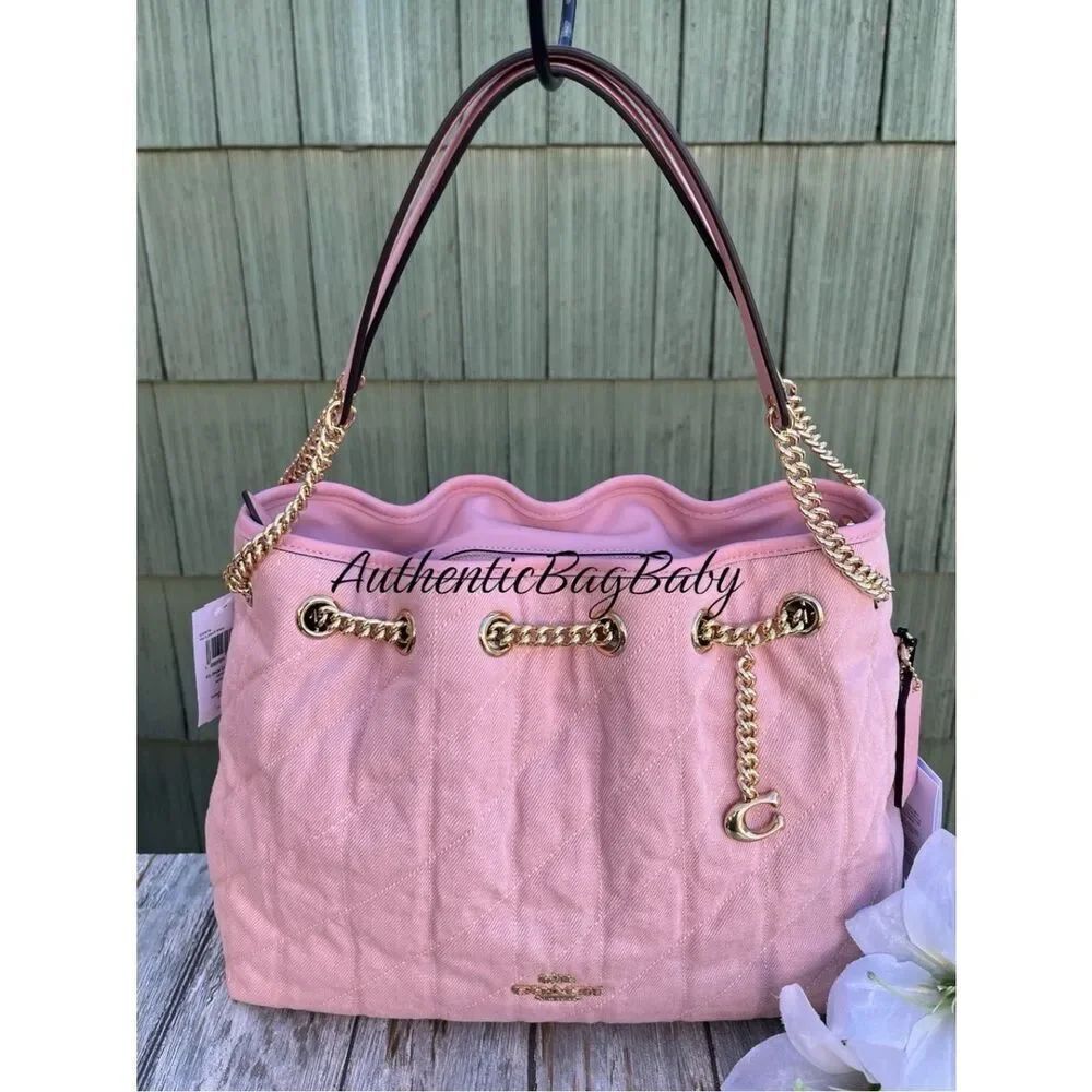 Coach Evelyn Shoulder Bag In Loved Denim With Quilting And Charm Purse